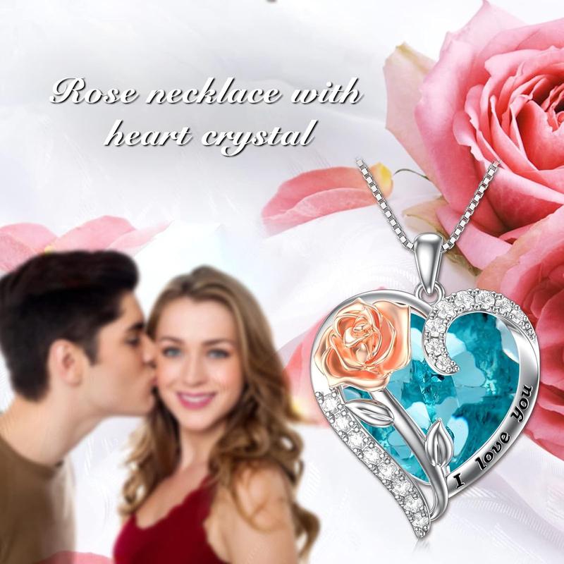 TOUPOP Birthstone Necklace for Women 925 Sterling Silver Rose Flower Heart Crystal Pendant Necklaces I Love You Jewelry Birthday Christmas Gifts for Women Her Girlfriend