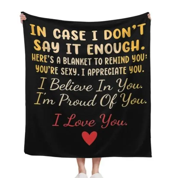 Black Base Gold Romantic Positive Affirmation Red Heart Flannel Throw Blanket Sweet Daily Reassurance Love Message Comfort Anniversary Long Distance Relationship Gift For Partner Him Her 30*40in 40*50in 50*60in 60*80in US Hand Knitted Chunky Chenille