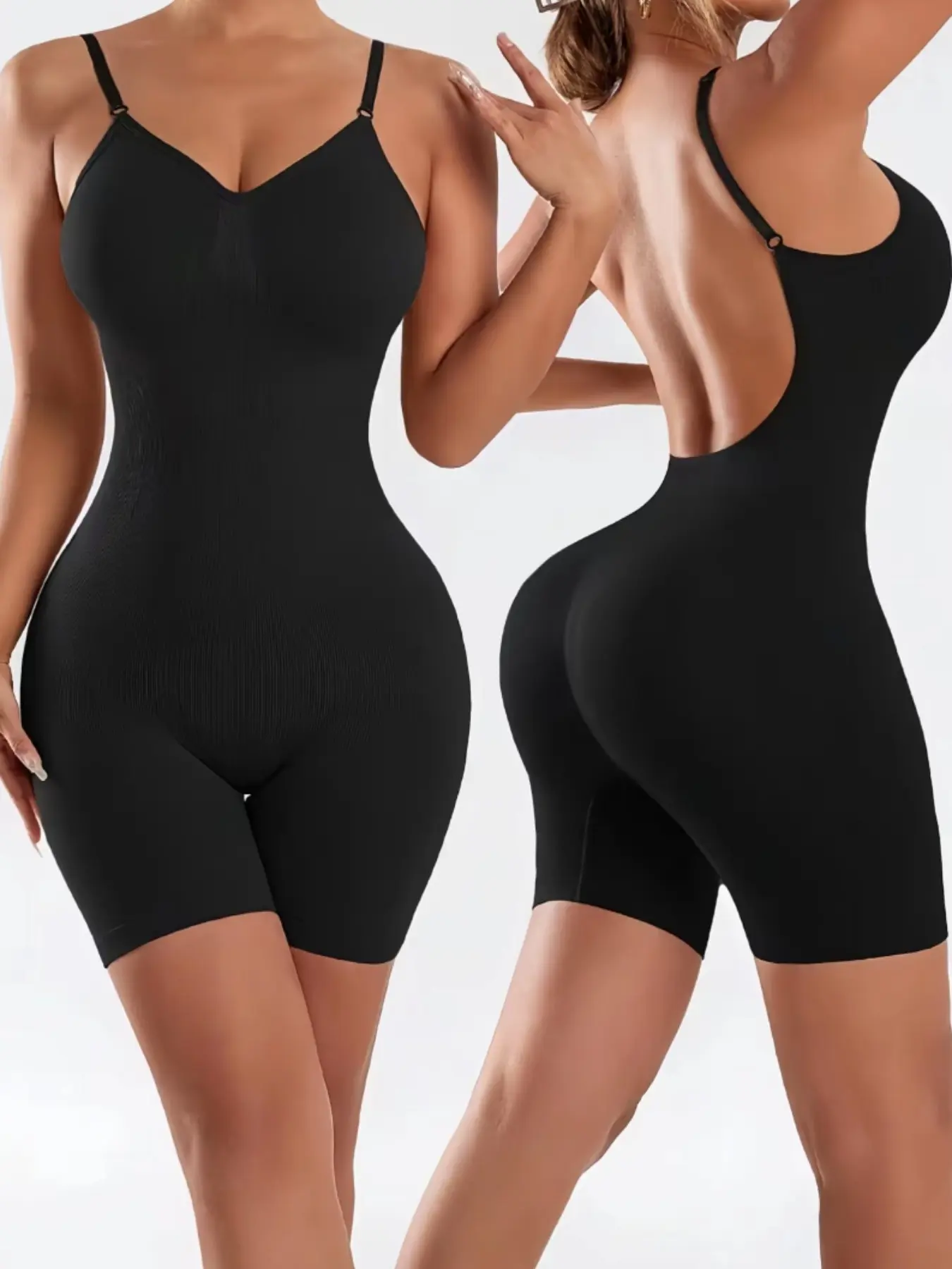 Women's Low Back Body Shaper Shorts, Seamless Sculpting Romper with Adjustable Spaghetti Straps, Tummy Smoothing One Piece Shapewear Fit Basic for Dresses, Gowns, Skirts and Evening Looks, Faja Shapewear Romper