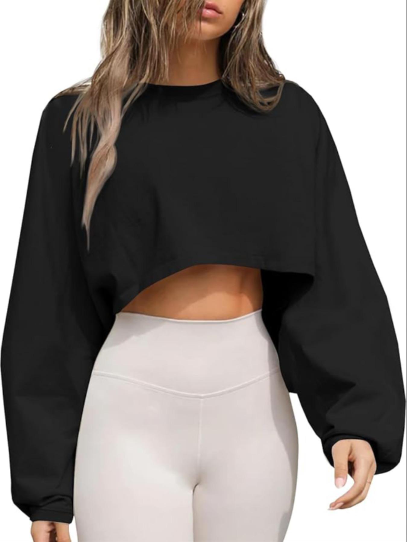 Women's Long Sleeve Round Neck Crop Top T-Shirt, Casual Solid Color Loose Pullover Sweatshirt, Perfect for Sports & Daily Wear, Casual Sporty Top