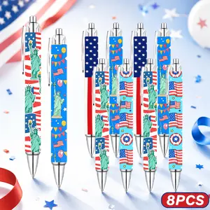 8-Piece Set of Ballpoint Pens Featuring Ink-Splatter Art Designs of The Statue of Liberty and The American Flag; Push-button Retractable Fine Tips; Durable; Ideal As A Gift for Office Use