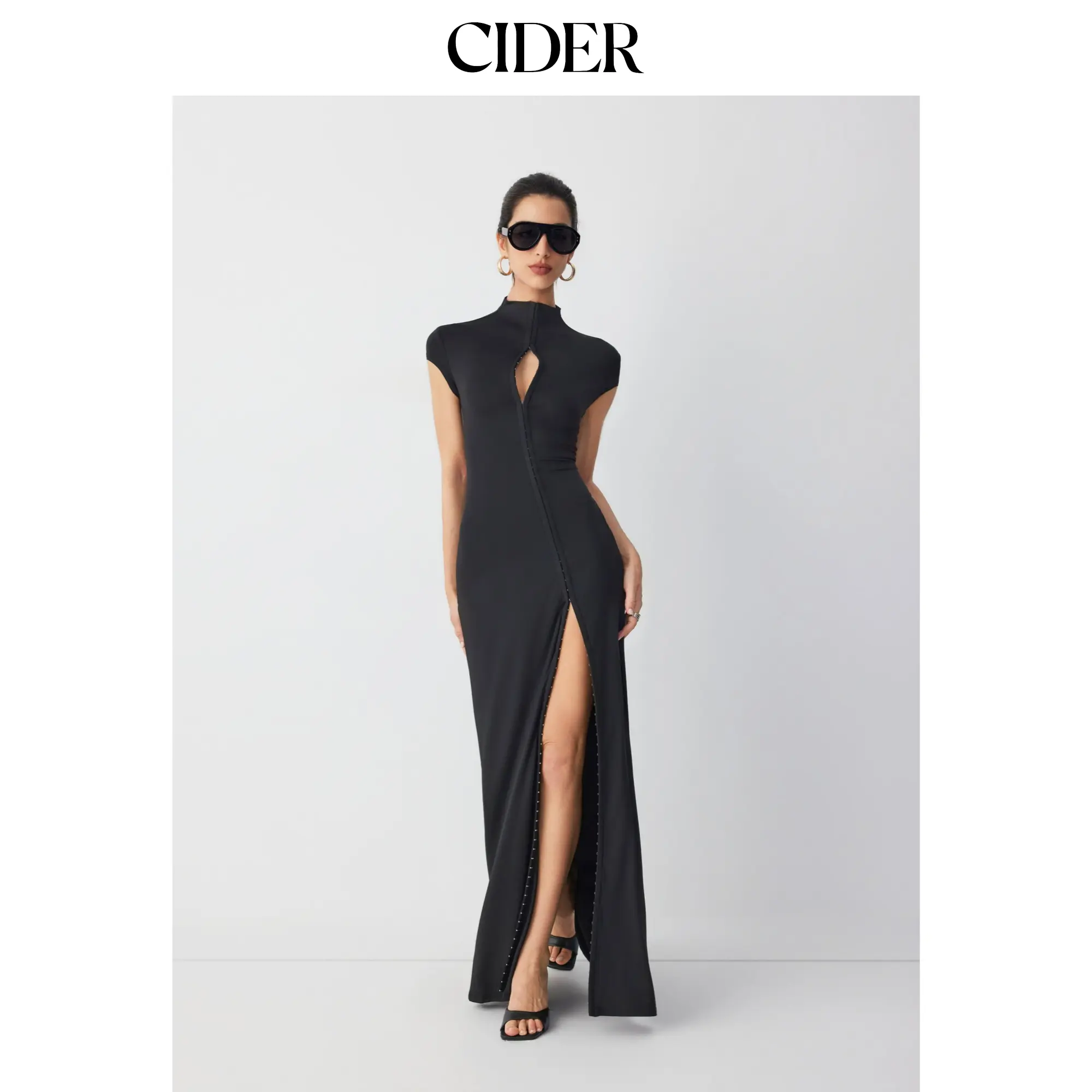 Cider High Neck Asymmetrical Cut Out Split A-line Maxi Dress