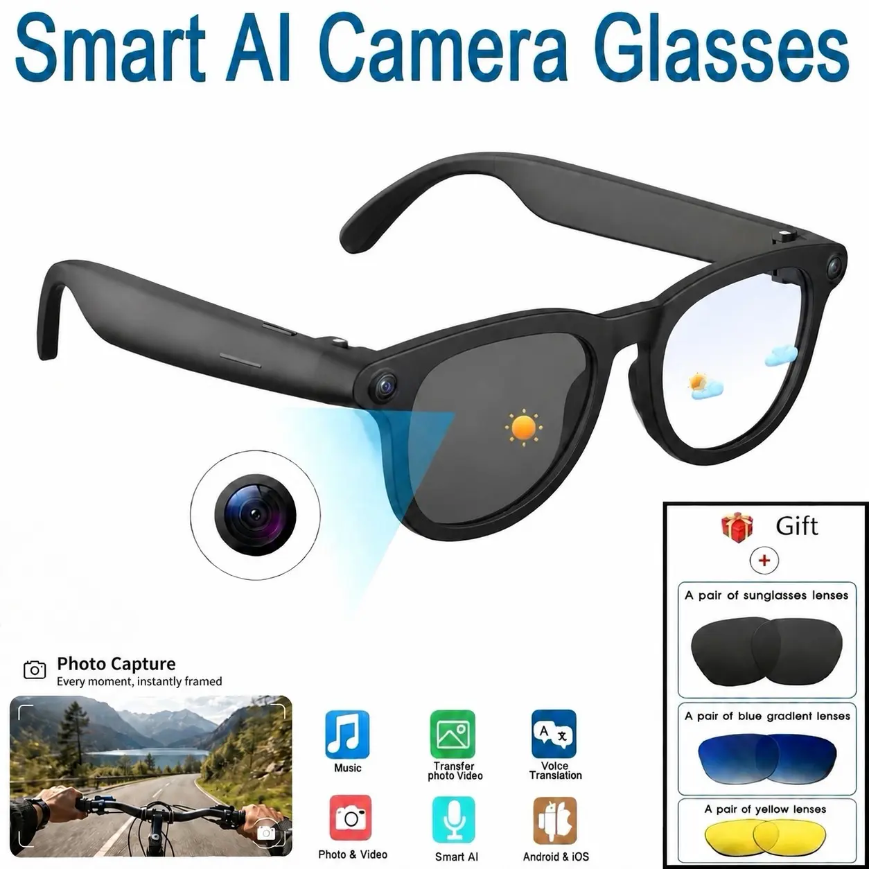 AI smart Bluetooth glasses with camera, three replacement magnetic lenses as a gift, camera and video recording, high-definition picture quality, UV protection, blue light filtering, enhanced light, anti shake lens, real-time language translation