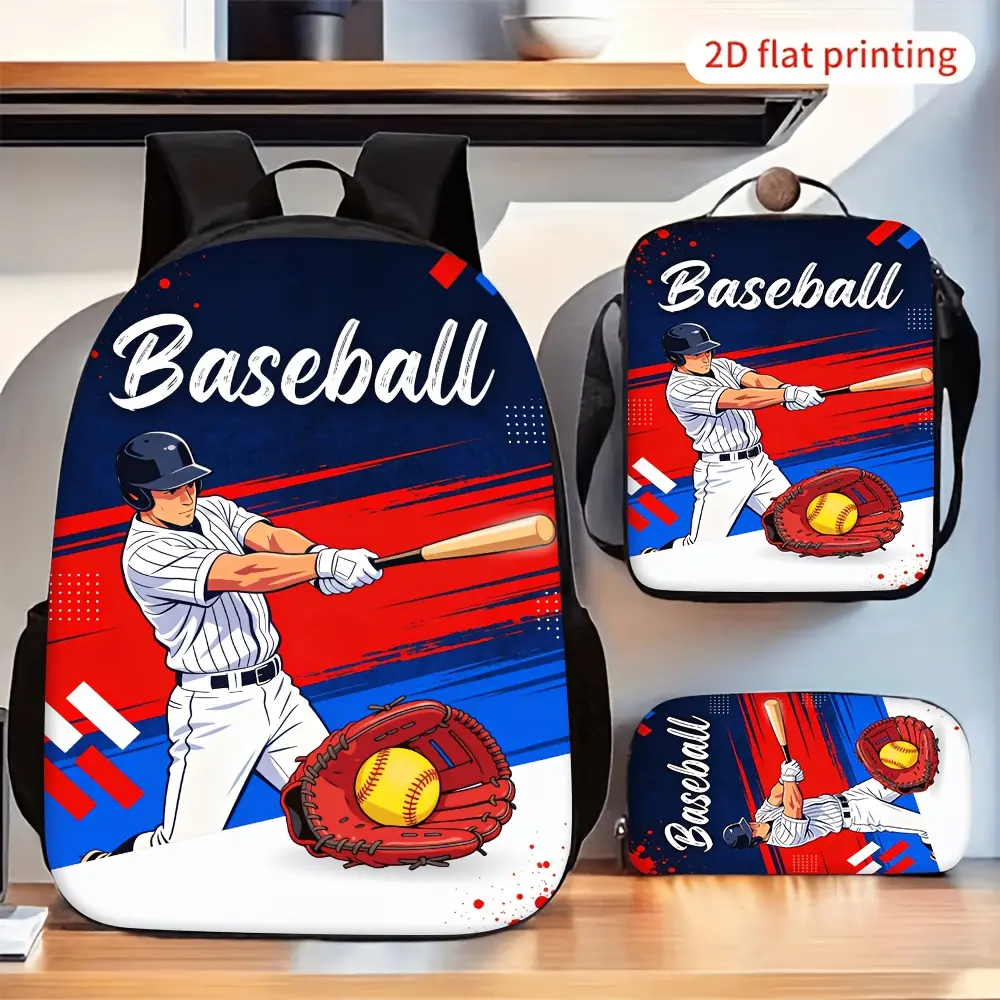 3pcs Cool Sports Baseball Batter Print Backpack Set, Includes Backpack, Lunch Bag And Pencil Case, Fashion Portable Bags for Daily Outdoor Travel Use, Stylish Baseball Print Casual Bag Set