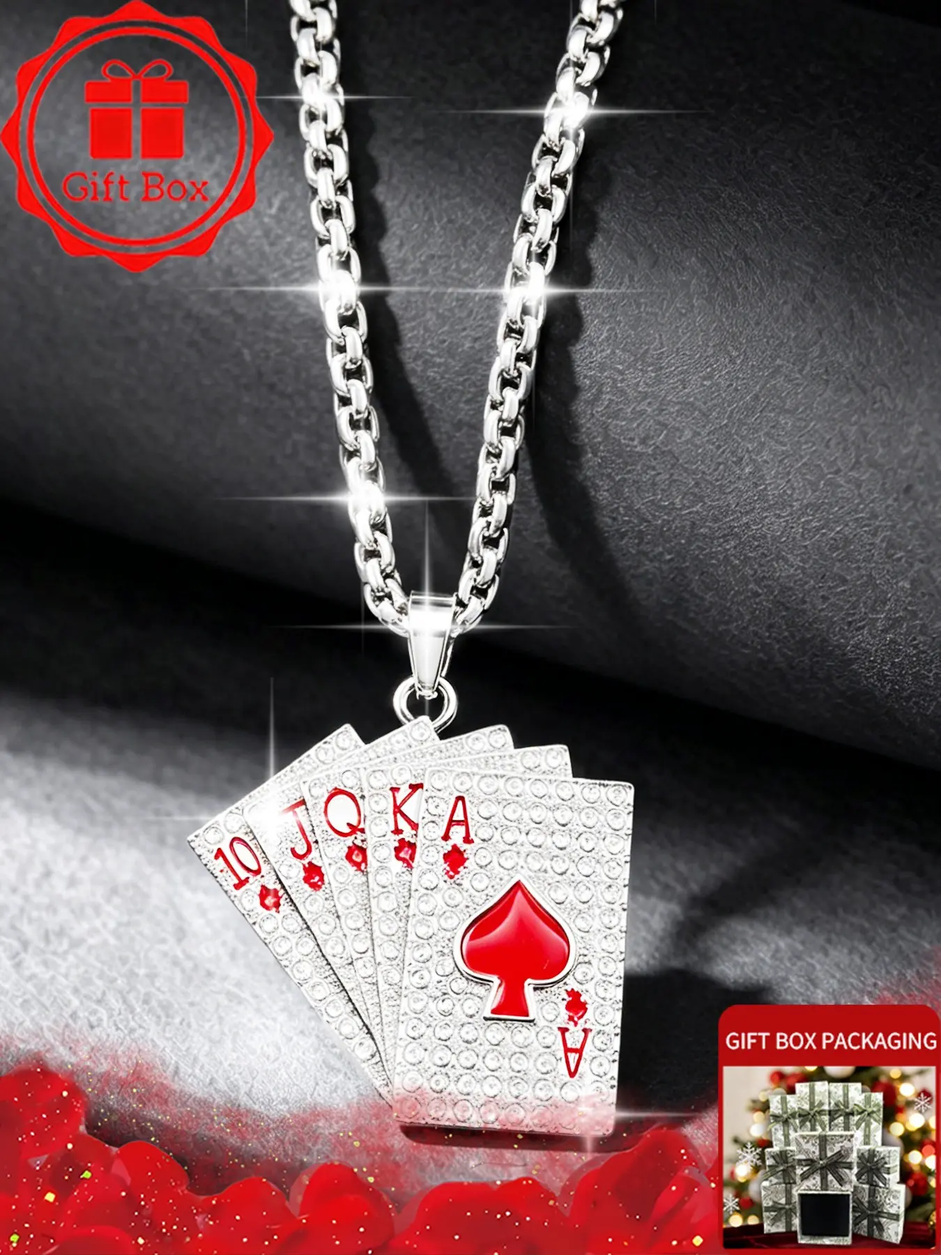 Royal Flush Necklace with Gift Box, Chain Necklace, Accessory Necklace, Silver Iced Out Bling Poker Choker, Gothic Punk Geometric Playing Cards Shape Jewelry, Unisex Rapper Accessories, Birthday Christmas Gift