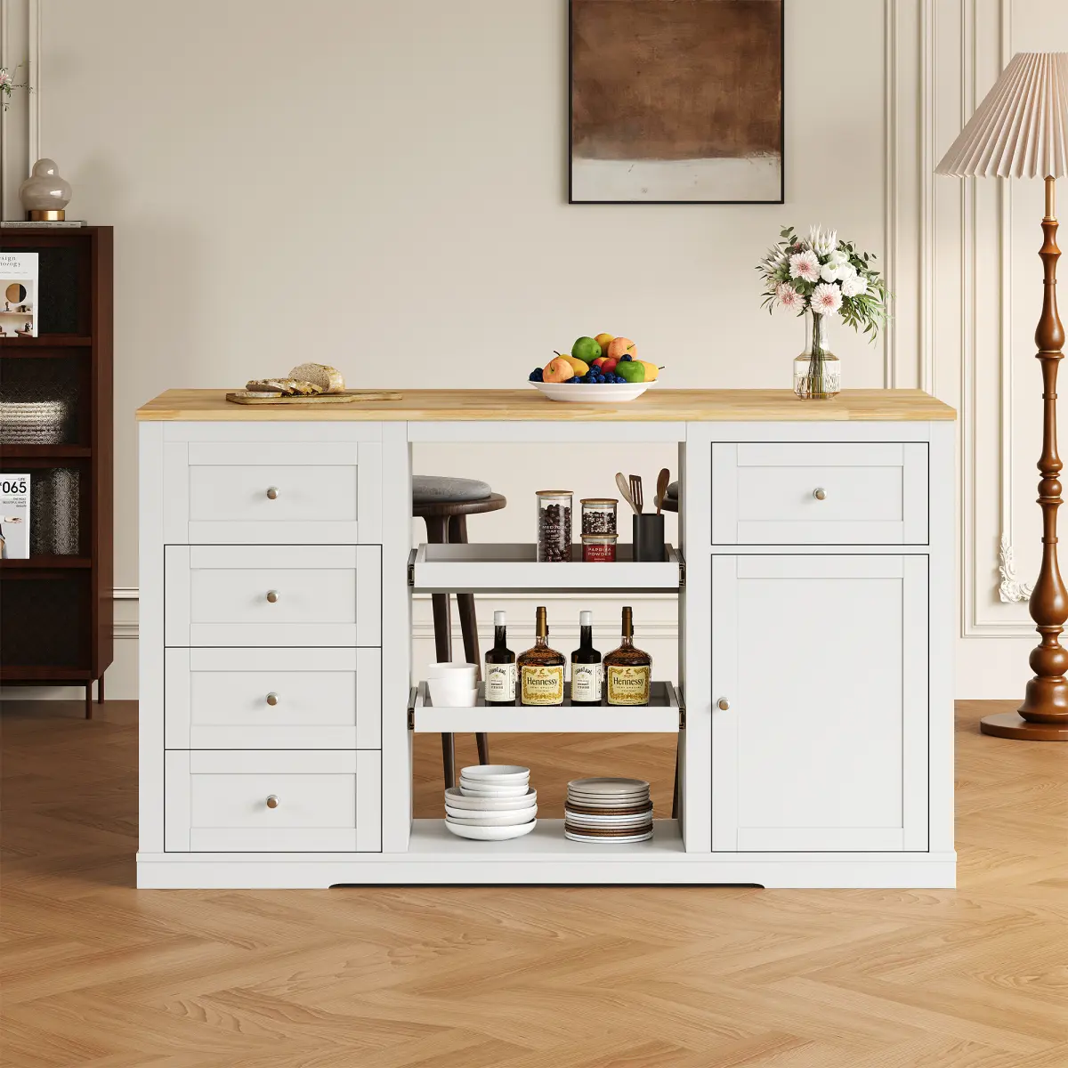 [Bellemave] Kitchen Storage Cabinet with Pull-Out Trays and Drawers, Adjustable Shelf, Power Outlet, Island Table with Rubber Wood Top, White
