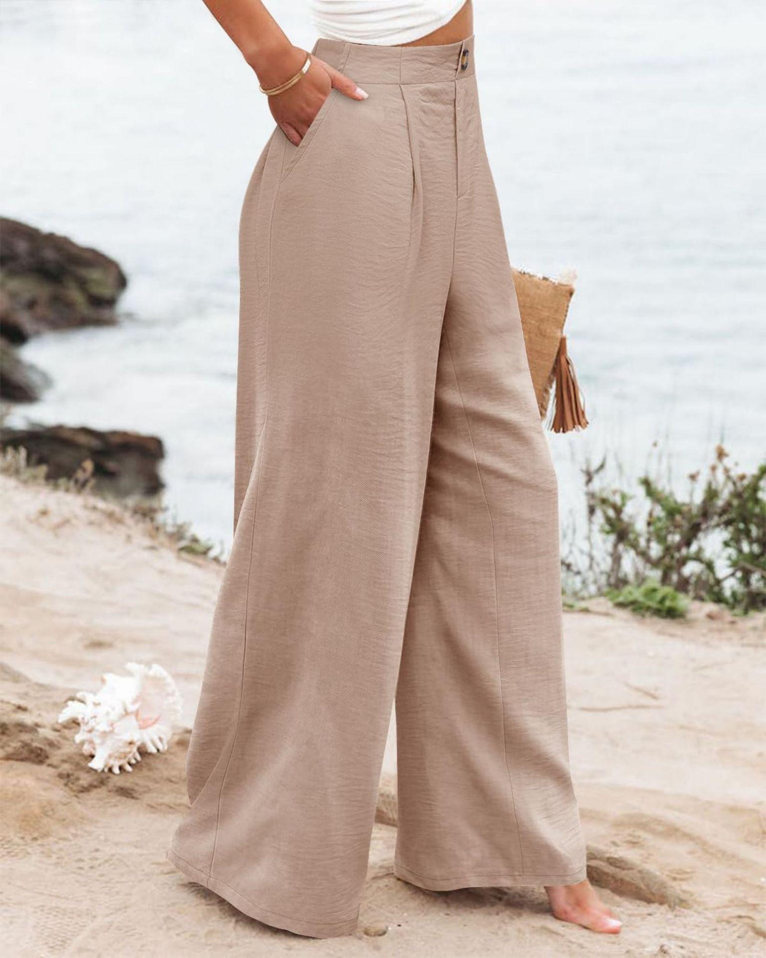 Women's Commuting and Vacation Summer Comfortable High-Waisted Long Pants with Buttons, Elastic Waist, Wide-Leg Casual Straight Pants