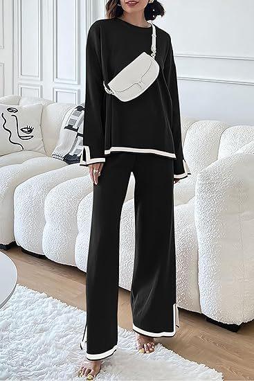 Women’s 2 Piece Sweater Sets Long Sleeve Knit Pullover and Wide Leg Pants Tracksuit for Stylish Lounge WearGift