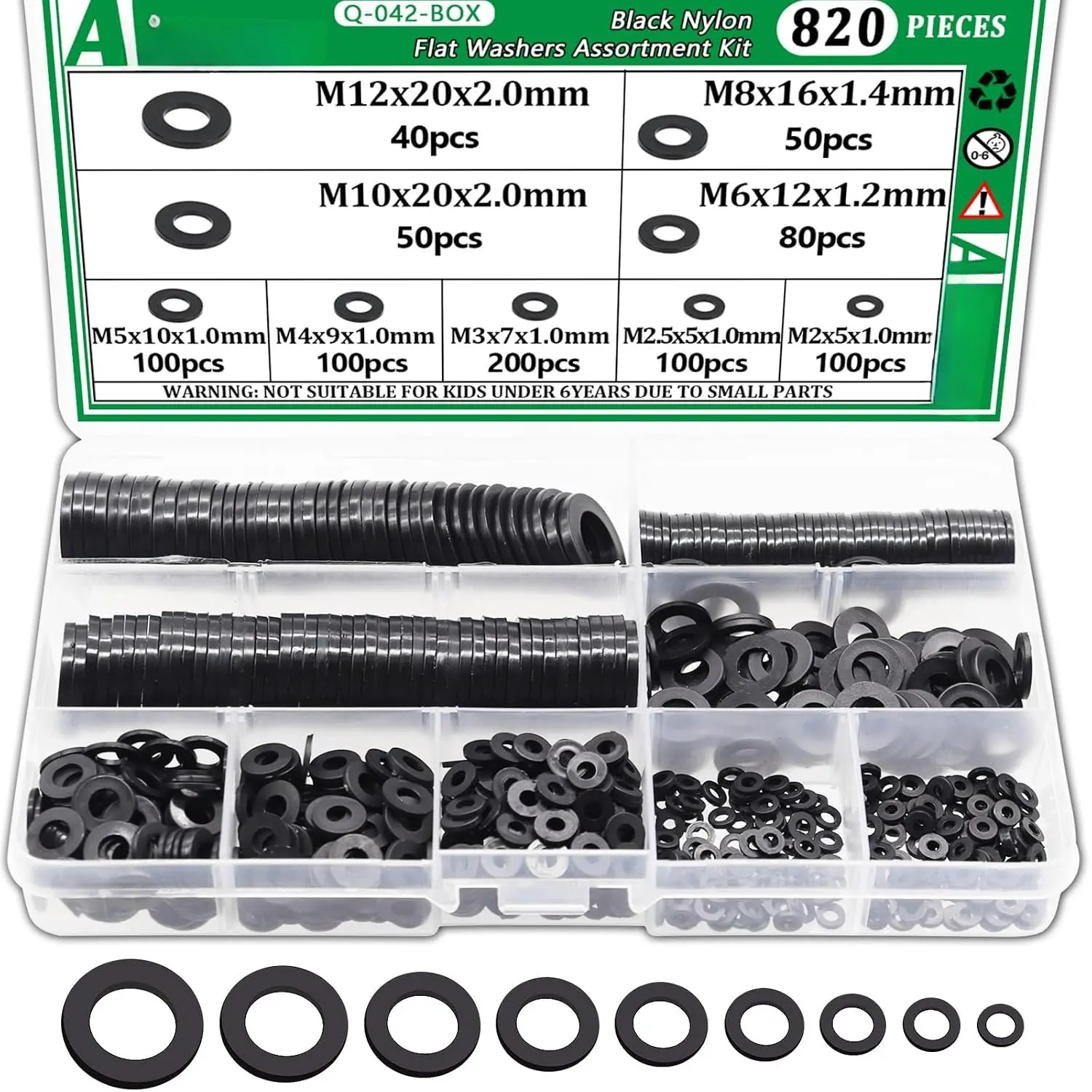 820 count Black Nylon Washers  Kit, Flat Washers for , 9 Metric Sizes Nylon Washers for Screws -M2, M2.5, M3, M4, M5, M6, M8, M10, M12
