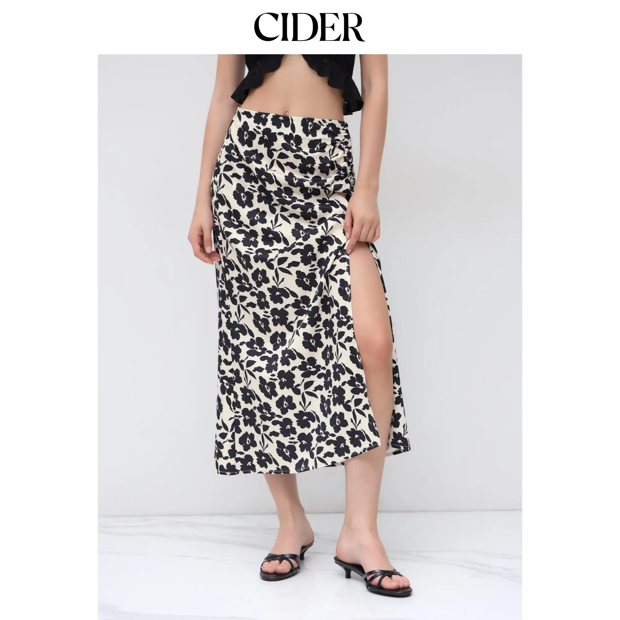 Cider Mid Rise Floral Ruched Split Mermaid Maxi Skirt