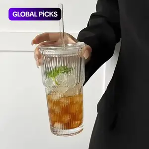 Glass Coffee Mug Set with Lid and Straw, Tumblers, Drinkware, Glassware Set, Vertical Striped Design, Transparent Stripe Glass, 13.53oz and 20.29oz, Versatile Cup Sizes, Perfect for Iced Americano, Latte and Water, Glass Drinking Cups #GLOBAL PICKS