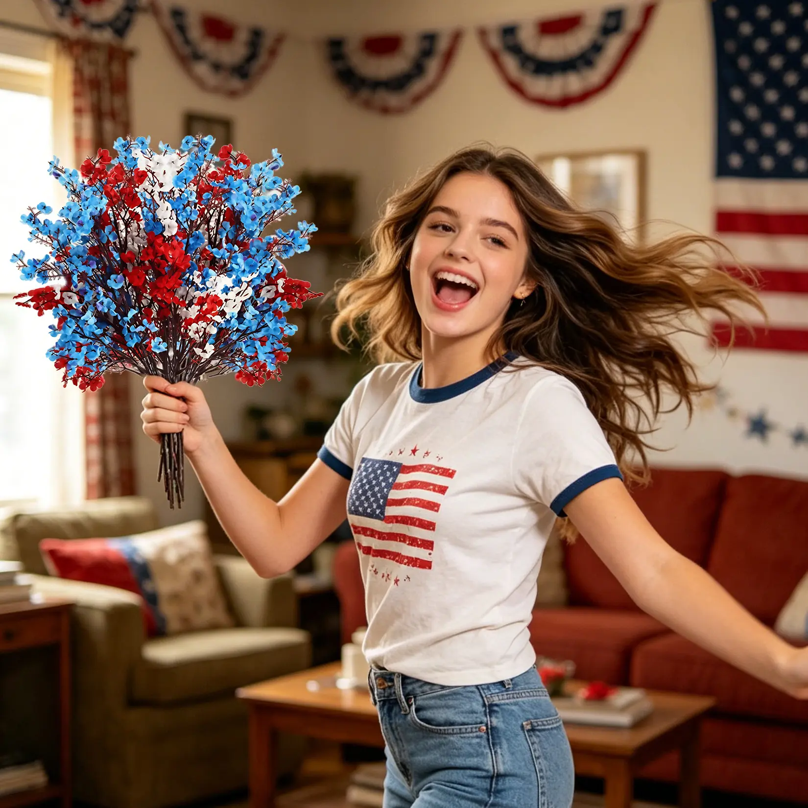 Patriotic Artificial Baby's Breath Flowers - 24 Pack Red White Blue Silk Stems - 19.7 Inch Memorial Day Vase Centerpiece - 4th of July Table Decoration - Home Decor, Without Pot