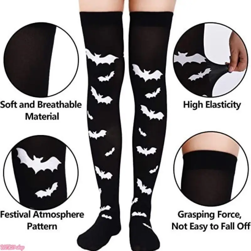 Halloween Mid Calf Socks, Black Bat Pumpkin Striped Pattern Crew Socks, Gothic Party Costume Accessories for Halloween Cosplay, Trick Or Treat Night & Theme Party Outfits