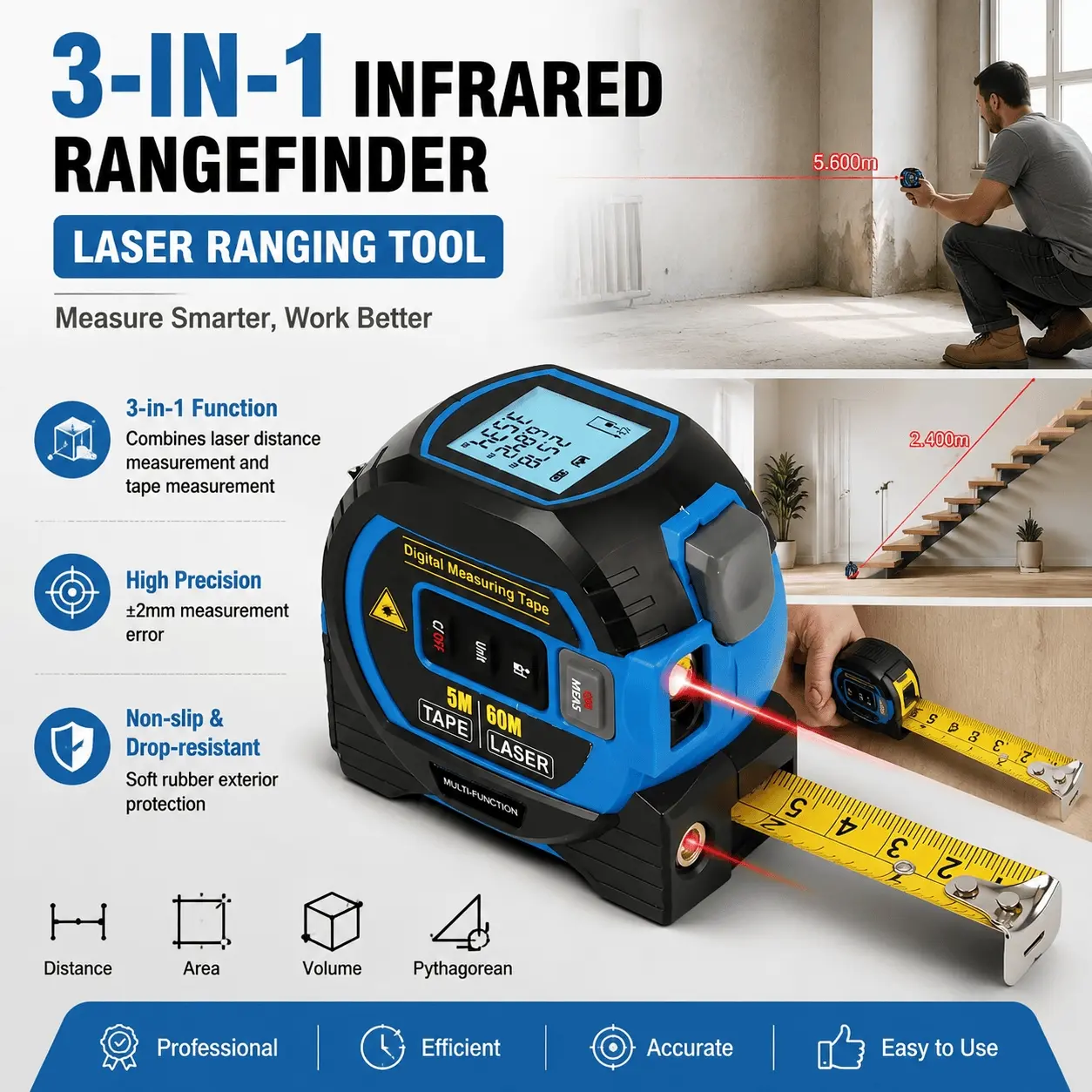 3-in-1 Digital Laser Tape Measure, 196ft/60m High Precision, Backlit LCD, Auto Measurement Lock, 5m/16ft, Unit Switch ft/in/m, Portable with Auto Center Punch for Construction Home DIY Measuring Tool