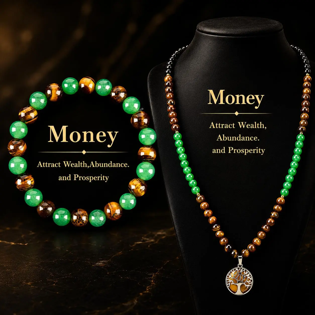 ARPURRAINA Unisex 2-Piece Feng Shui Jewelry Set, Fashion Tree of Life Crystal Necklace and Beaded Bracelet for Wealth Attraction and Daily Wear, Money Attraction Bracelet, Metal Coating