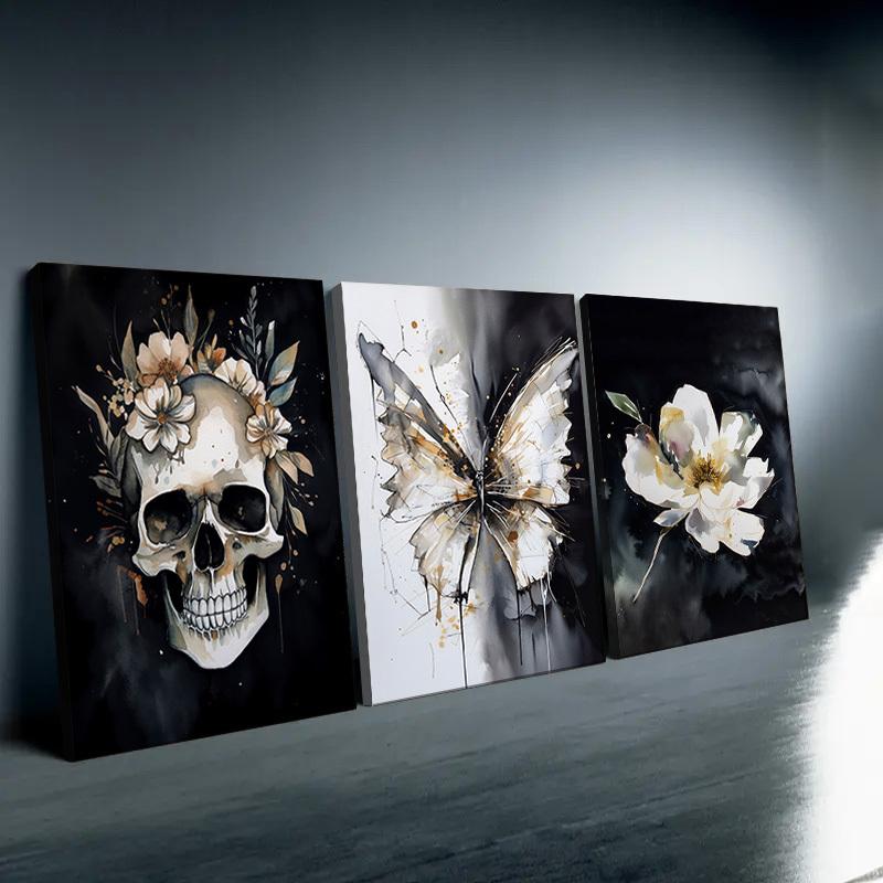 Framed 3 Pieces Skull Pansy Canvas Poster Black and White Gothic Wall Art Witch Wall Decor Perfect Gift for Friends and Family Flower Skull Butterfly Abstract Wall Art Canvas Print Home DecorAlready frameddopamine decor gifts boyfriend poster