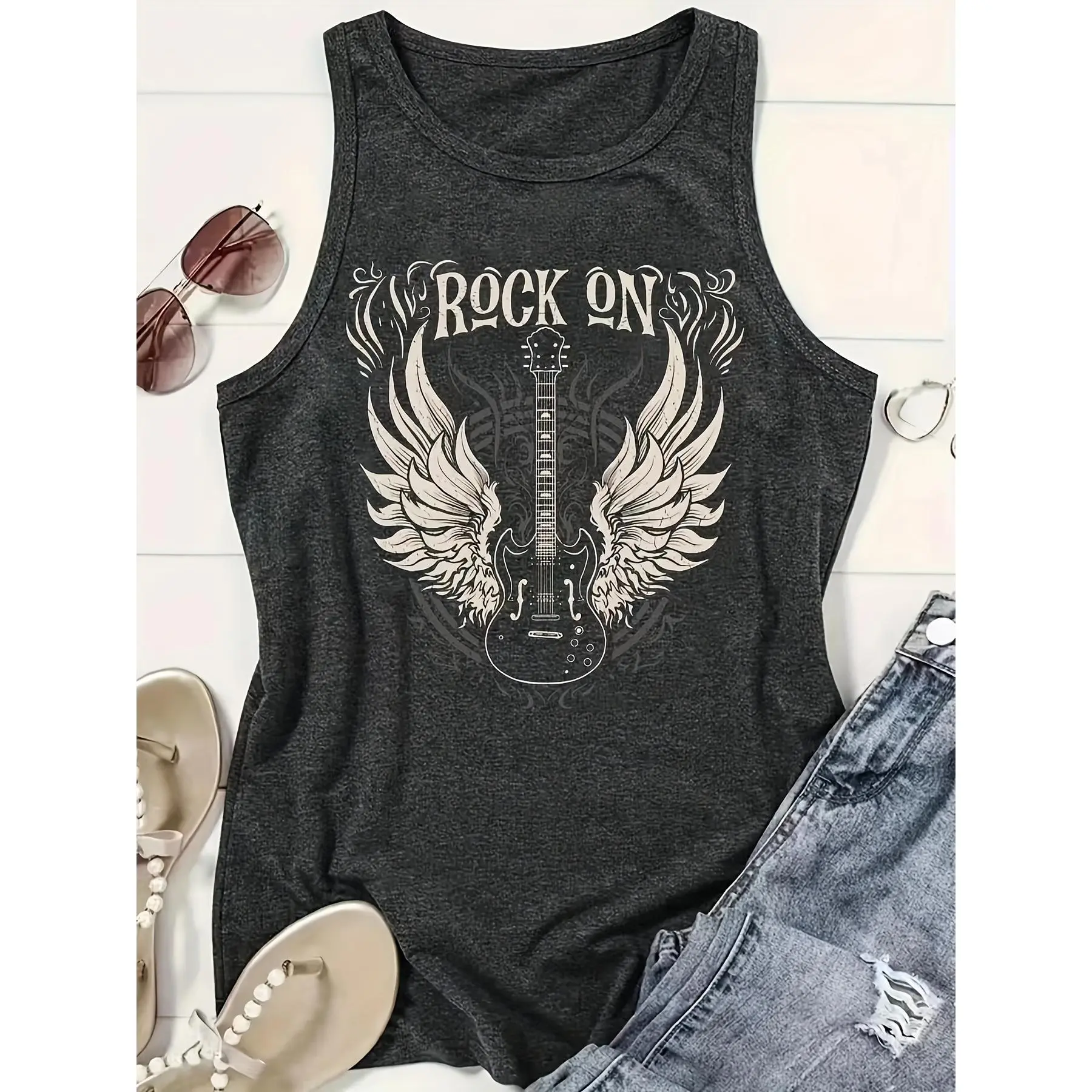 Women's "Rock On" Guitar & Wings Graphic Tank Top, Heather Grey Rock Music Sleeveless Tee Summer Top