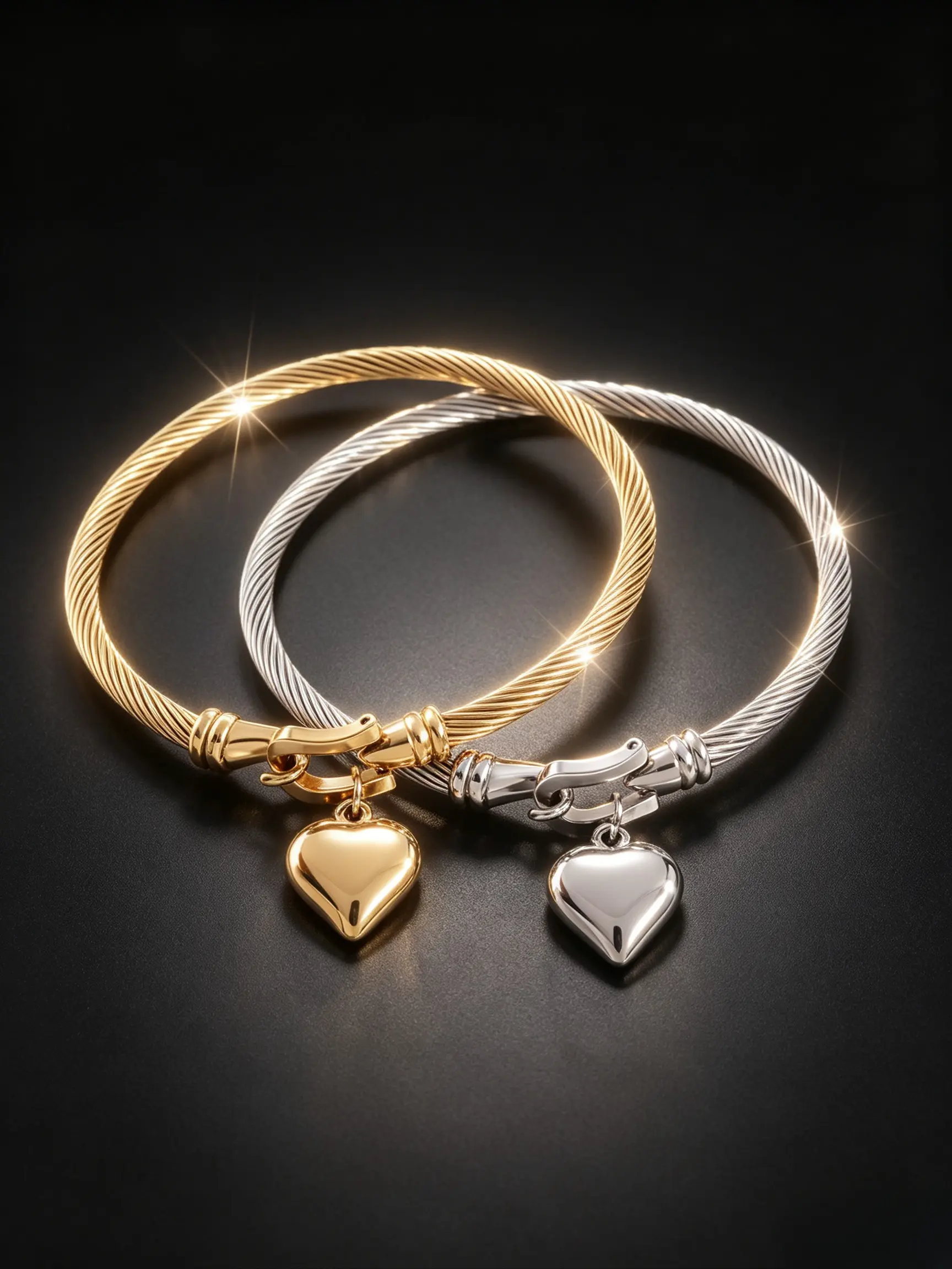 Twisted Cable Wire Heart Charm Cuff Bangle, Gold Silver Rose Gold Stainless Steel Horseshoe Buckle Bracelet, Minimalist Love Daily Stackable Jewelry Gift For Women Couples