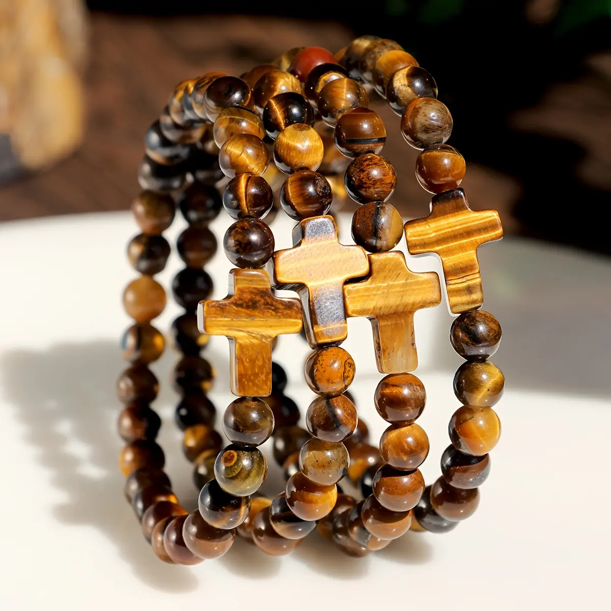 Unisex Casual Vintage Tiger's Eye Beads Cross Motif Elastic Cord Bracelets - 4Pcs Handcrafted Costume Jewelry, Auspicious Blessings, Ideal for Daily Wear & Holidays, Perfect Gift