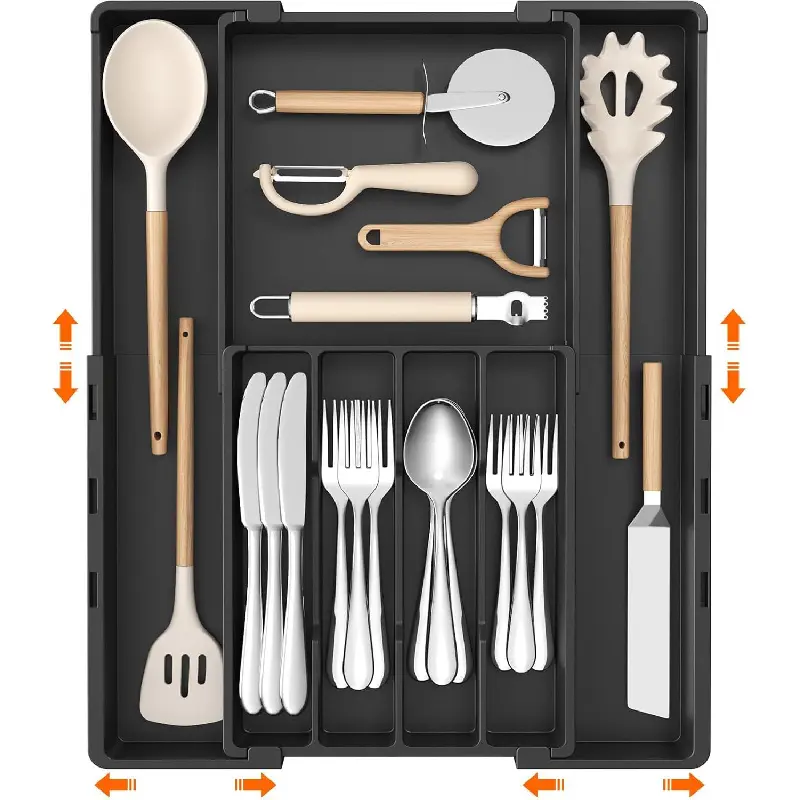 Silverware Drawer Organizer, Expandable Utensil Tray for Kitchen, BPA Free Flatware and Cutlery Holder, Adjustable Plastic Storage for Spoons Forks Knives, 4-7 Slots, Black