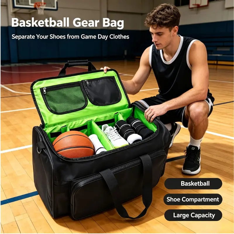 Large Capacity Black Sports Duffle Bag For Basketball & Soccer, Travel Gym Bag With Neon Green Interior Lining, Separate Divider Shoe Compartment, Durable Fabric Sports Gear Bag For Gym, Weekend Trips & Outdoor Activities