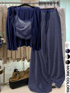 Plus Size Striped Layered Three-Piece Set, Long Sleeve Cardigan, Tank Top, High Waist Wide Leg Pants, Comfort Casual Home Wear/outdoor