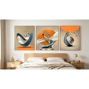 3-Piece Modern Abstract Geometric Canvas Wall Art, Framed Blue & Orange Prints, Contemporary Home Decor for Living Room