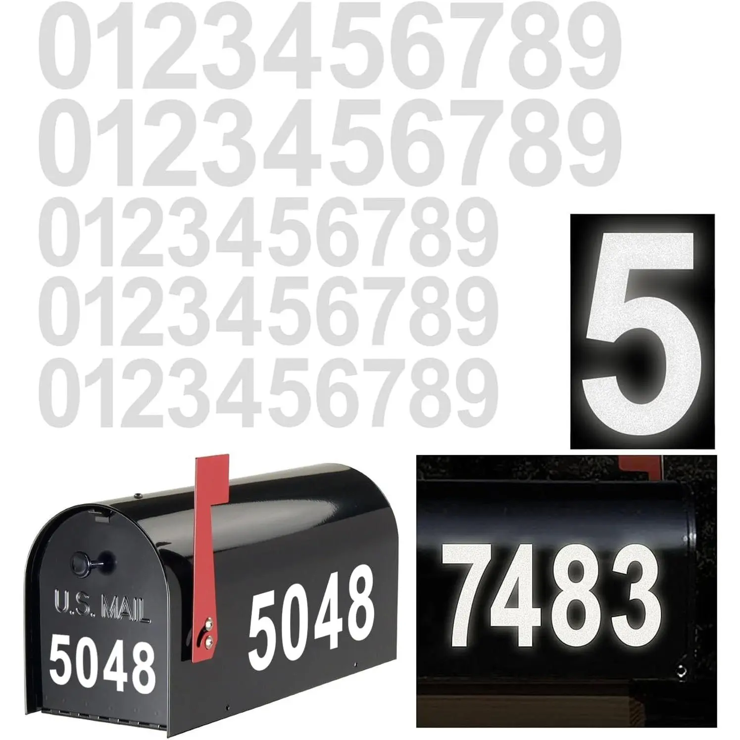 Reflective Mailbox Numbers Sticker Decal - Waterproof Self-Adhesive Vinyl Die Cut Classic Style | 5 Sets (3" x 3 Sets, 4" x 2 Sets) for Signs, Trucks, Address NumbersGift
