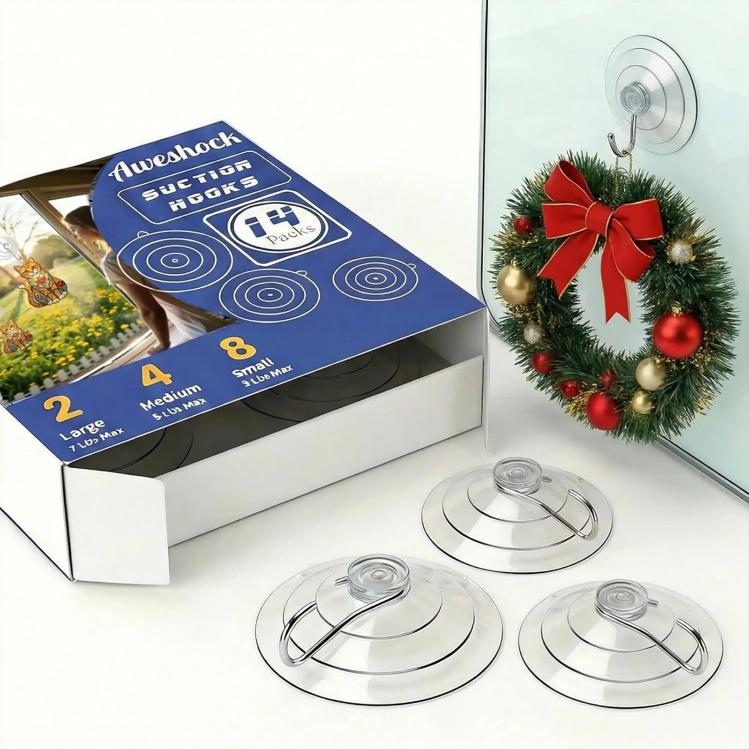 14 Pack Combo (8 Small, 4 Medium, 2 Large) Removable Waterproof Mini Suction Cup Hooks, Wreath Hangers for Glass Window and Front Door