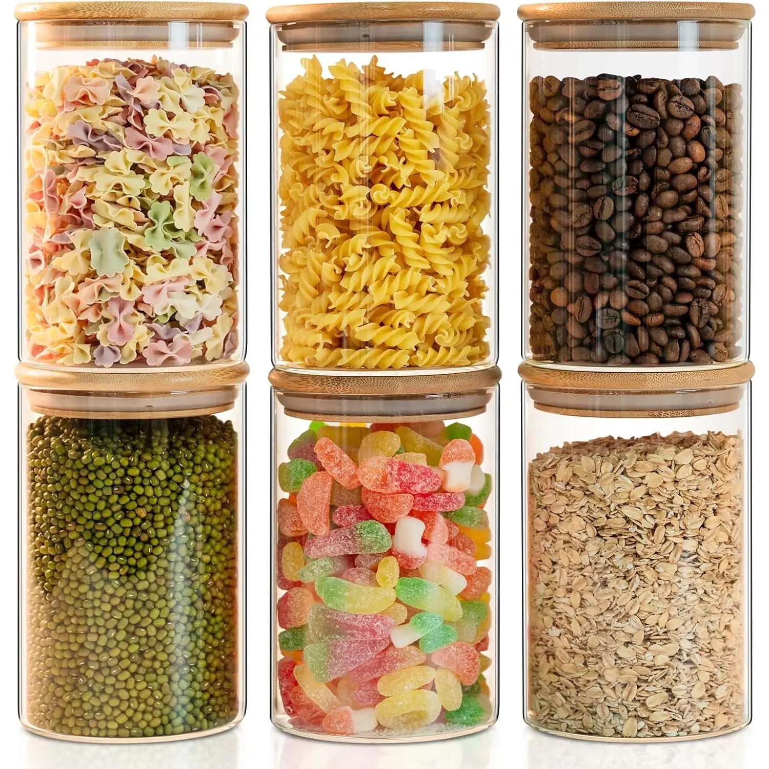 50oz Glass Food Storage Jars Set of 6,Glass Storage Containers Clear Glass Food Canister with Bamboo Lid Airtight For Serving Tea, Coffee, Flour, Sugar, Candy, Cookie, Spice and More (Round)