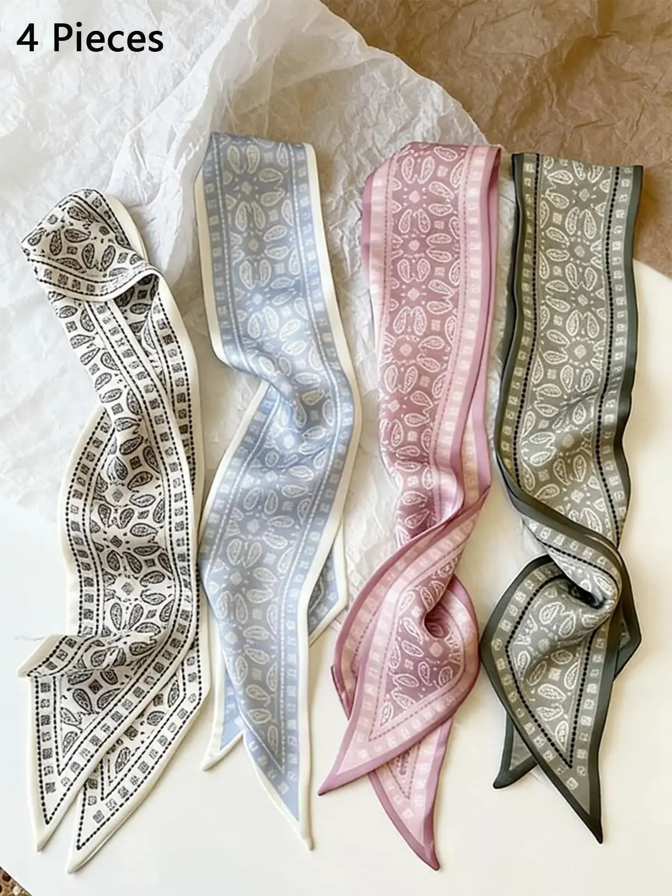 4-Piece French Vintage Walnut Style Women's Polyester Bag Accessories Charms, Retro Hairband Braided Ribbon, Multifunctional Paisley Print Scarf, Bag Packaging Decorations