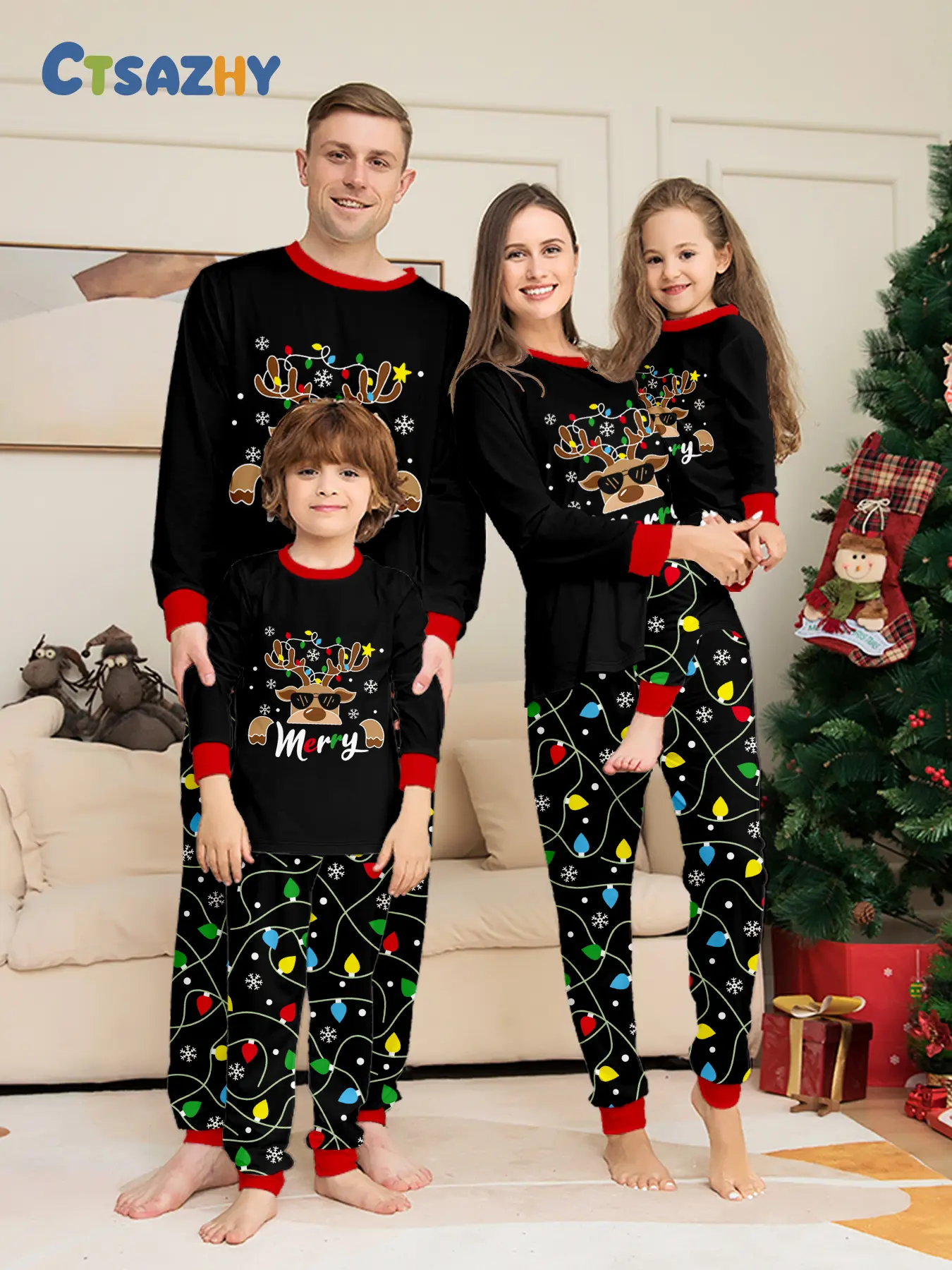 4 Piece Family Pajama Set, Christmas Theme, Soft Breathable Fabric, Slim Fit, Perfect for Holidays, Home Wear, Party