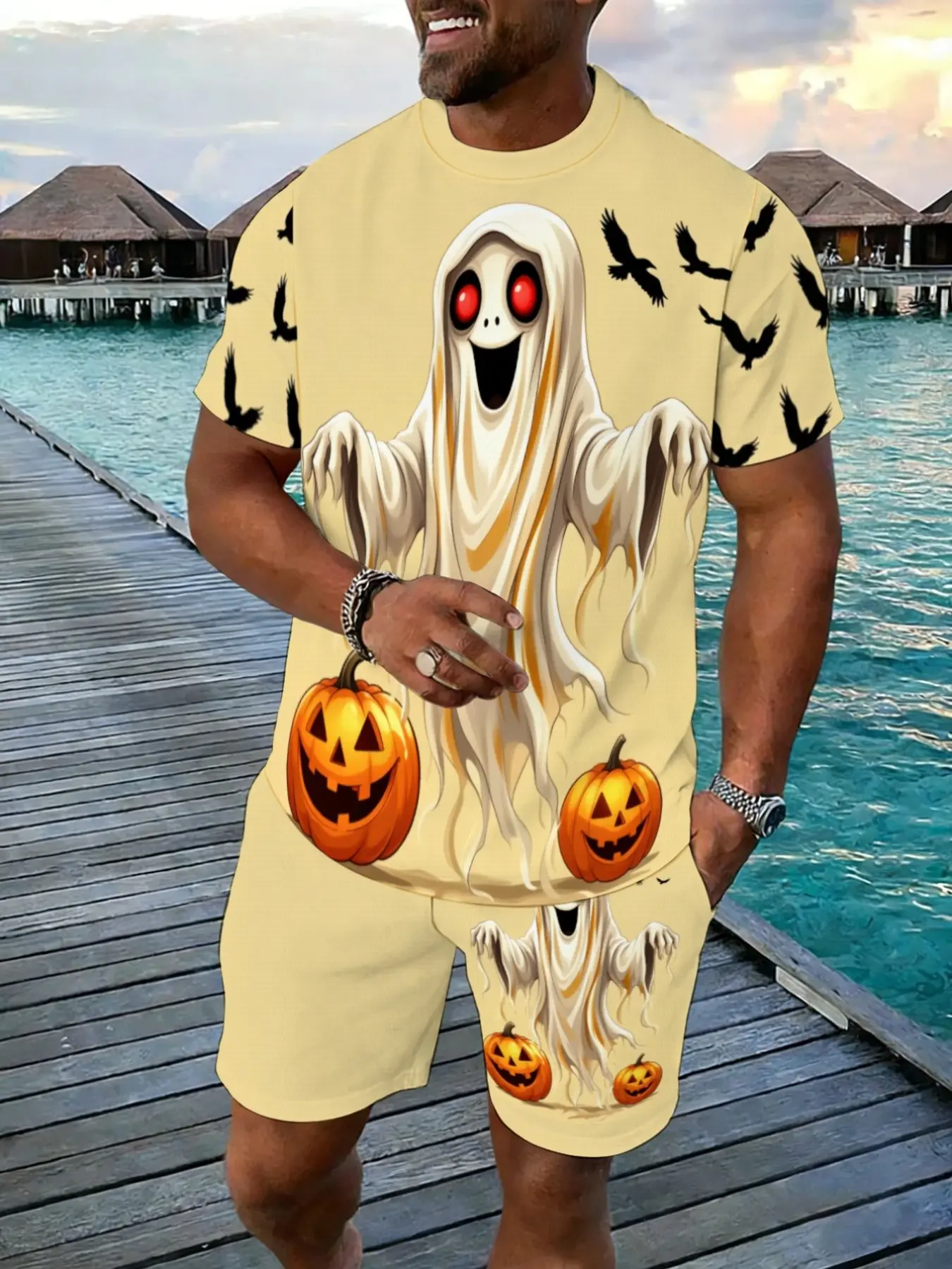 Men's Halloween Costume Set, 3D Printed Ghost Crow Pumpkin Tee & Shorts, Casual Fitted Short Sleeve, All Seasons Wear
