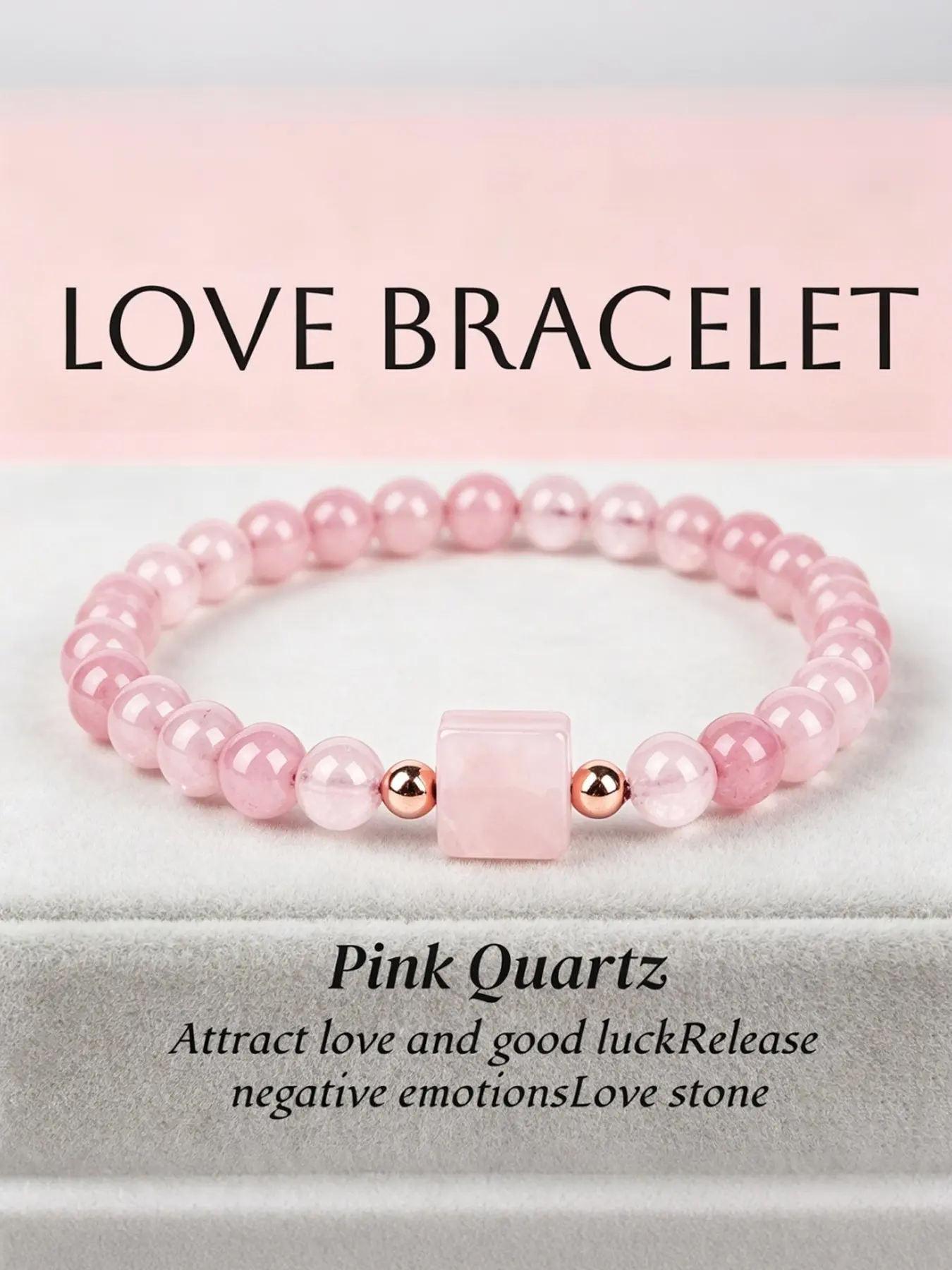 Natural Pink Quartz Cube Bead Love Bracelet for Women, Handcrafted Geometric Crystal Wristband for Attracting Love and Good Luck