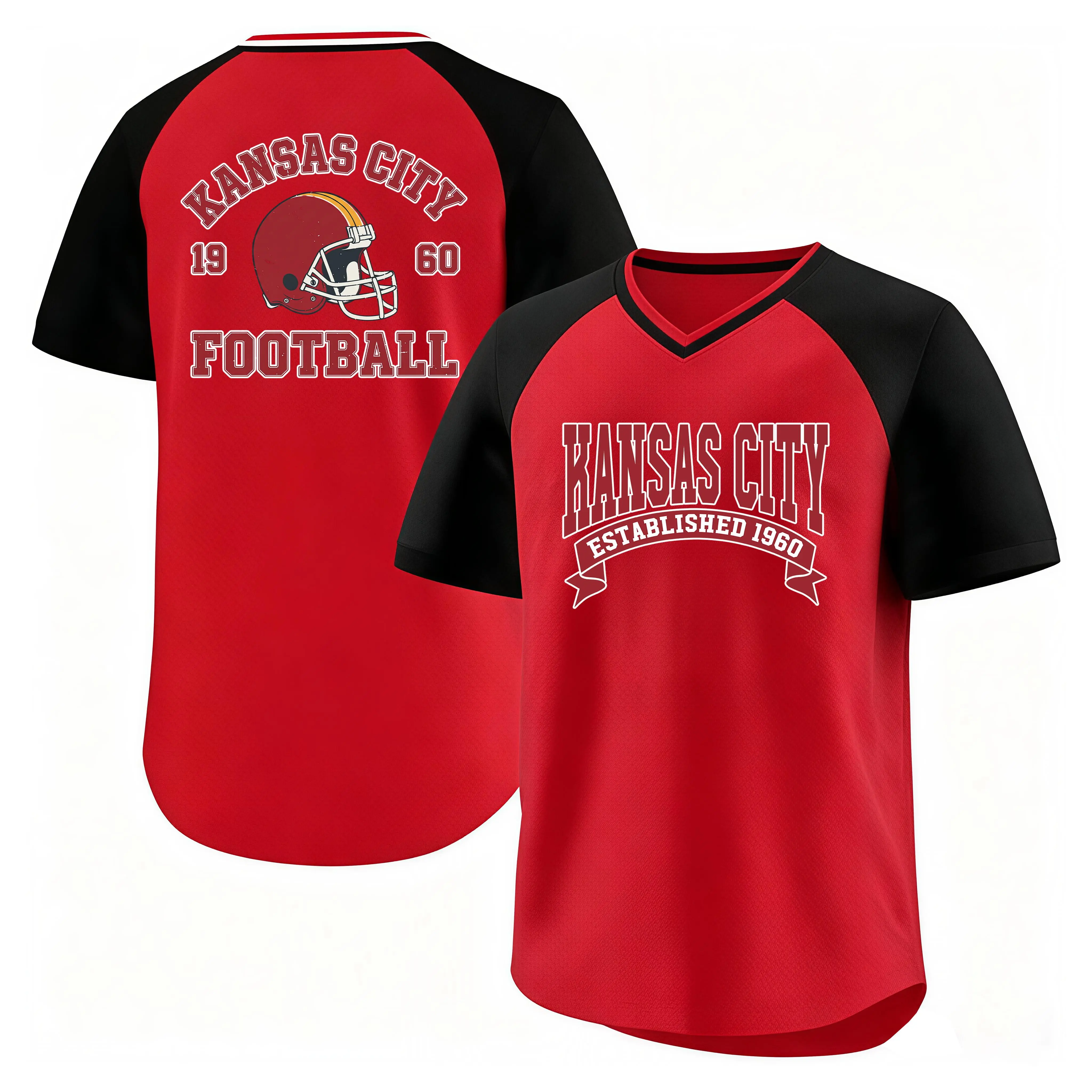 Vintage Graphic Football T-Shirt, Red Black Raglan V Neck Kansas City Football Helmet 1960 Print Athletic Tshirt, Men Women Holiday Fan Present # GameDay # RetroFootballTshirt # VNeckSportTee # ValentinePartyOutfit # HolidayFanGift