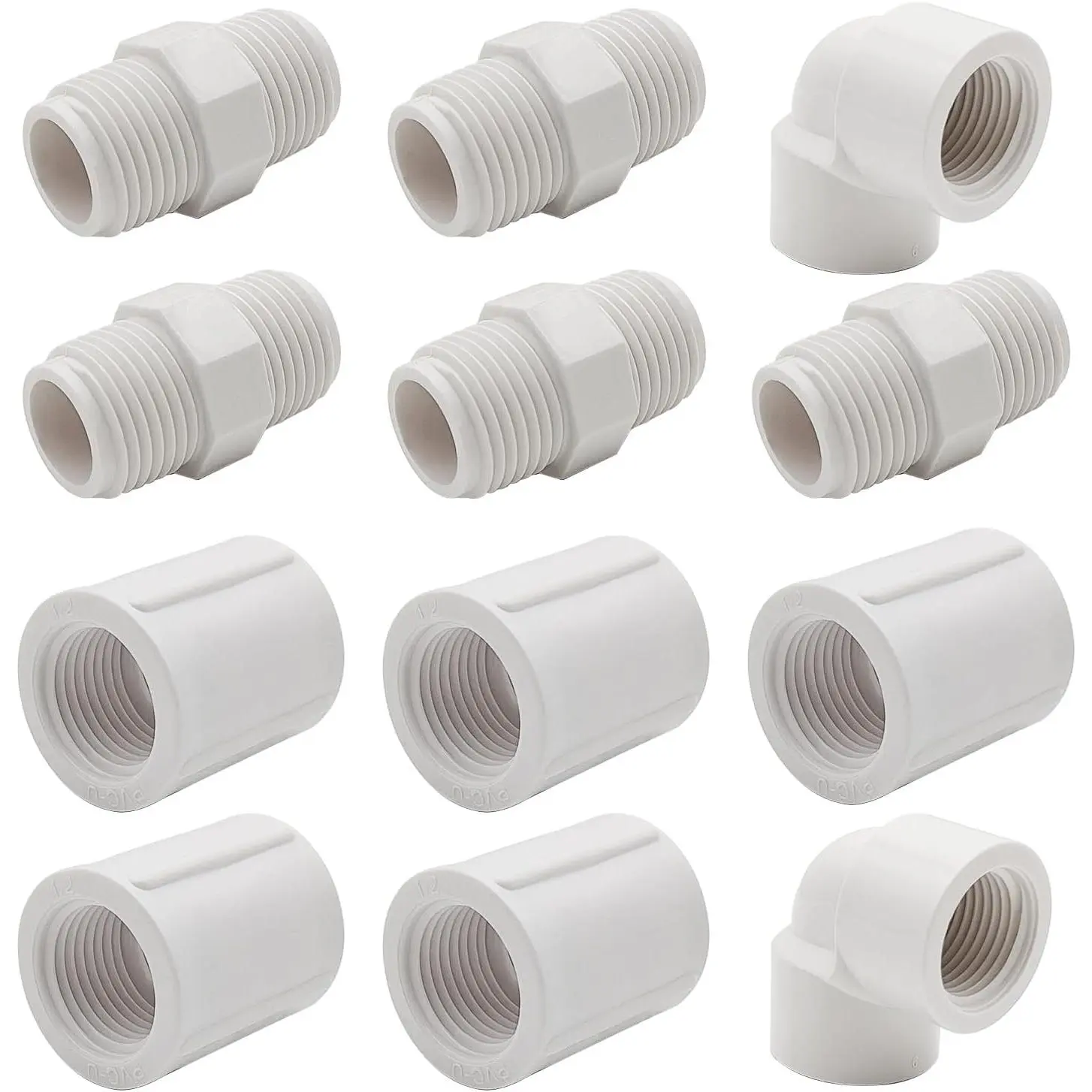 12 count 1/2 Inch PVC NPT Pipe Fittings - 5 count PVC Nipple Coupling Adapter Connector (Male x Male)+ 5 count Female Thread Pipe Fitting Adapter Connector+ 2 count Double 90  Pvc Elbow Pipe Fitting