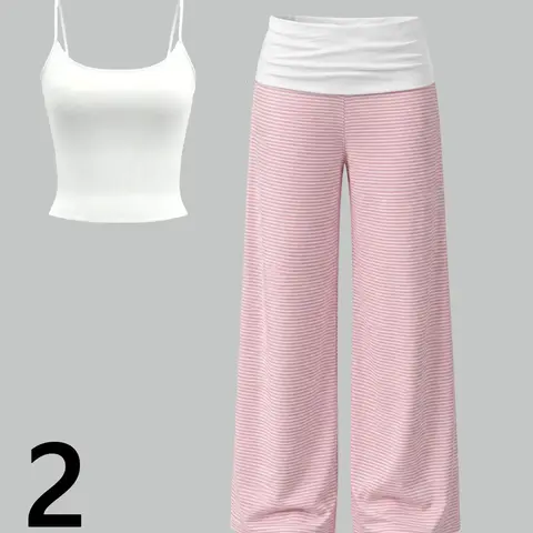 Women's 2-Piece Home Set, Short Strap Top + Striped Loose Pants, Casual Comfortable Sleepwear, Loungewear Set, Ideal for Yoga & Indoor Relaxation