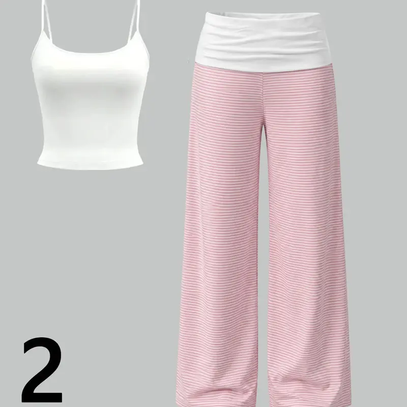 Women's 2-Piece Home Set, Short Strap Top + Striped Loose Pants, Casual Comfortable Sleepwear, Loungewear Set, Ideal for Yoga & Indoor Relaxation