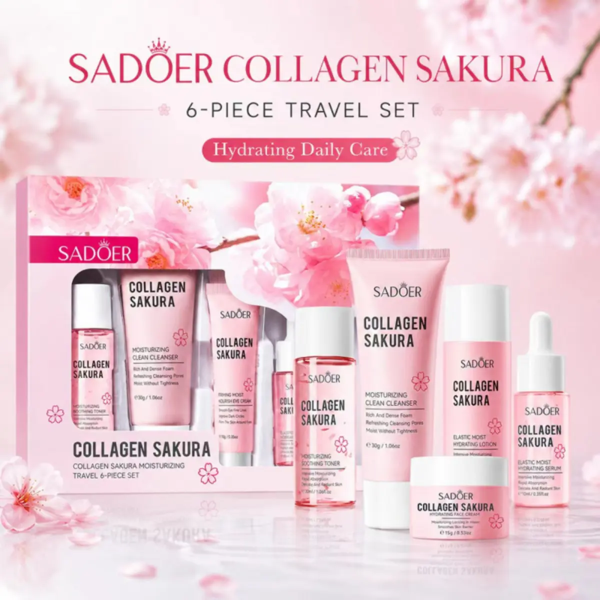 6-Piece Skin Care Set with Sakura & Collagen, Daily Routine for Hydration Boost with Creams & Serums, Travel-Friendly Kit for All Skin Types, Soft Finish