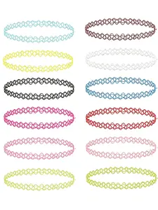 12PC Tattoo Choker Necklace - 90s Accessories 2000s Jewelry Love Necklace Y2K Fashion Vintage Trendy - Pink Blue Green Colorful Rainbow Goth Black - Stretchy Elastic Necklace Layered Acrylic Necklace