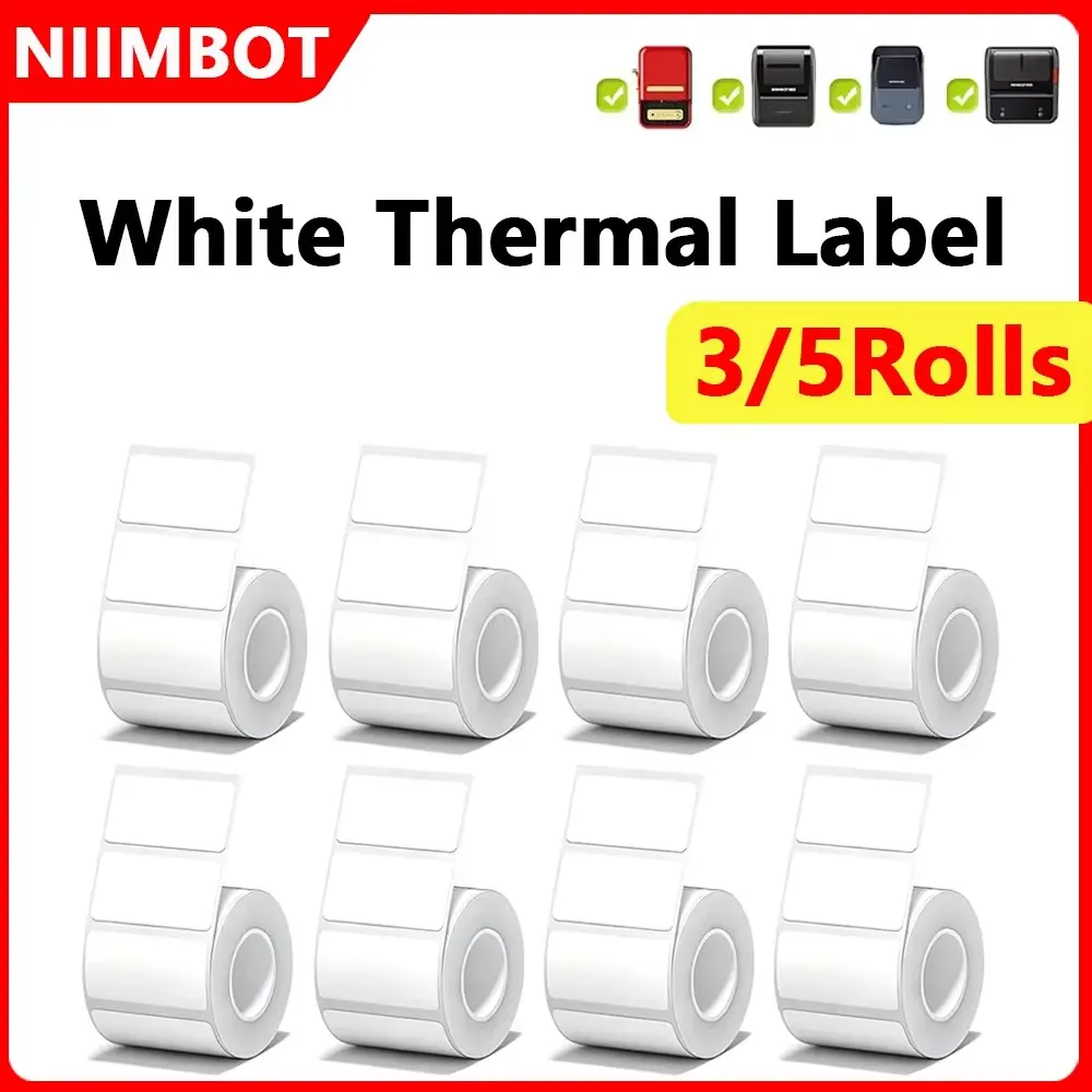 Niimbot 2Inch Mini Thermal Printer Label 20-50mm White Adhesive Stickers 3/5Rolls Waterproof Paper For Office Tags Label Maker