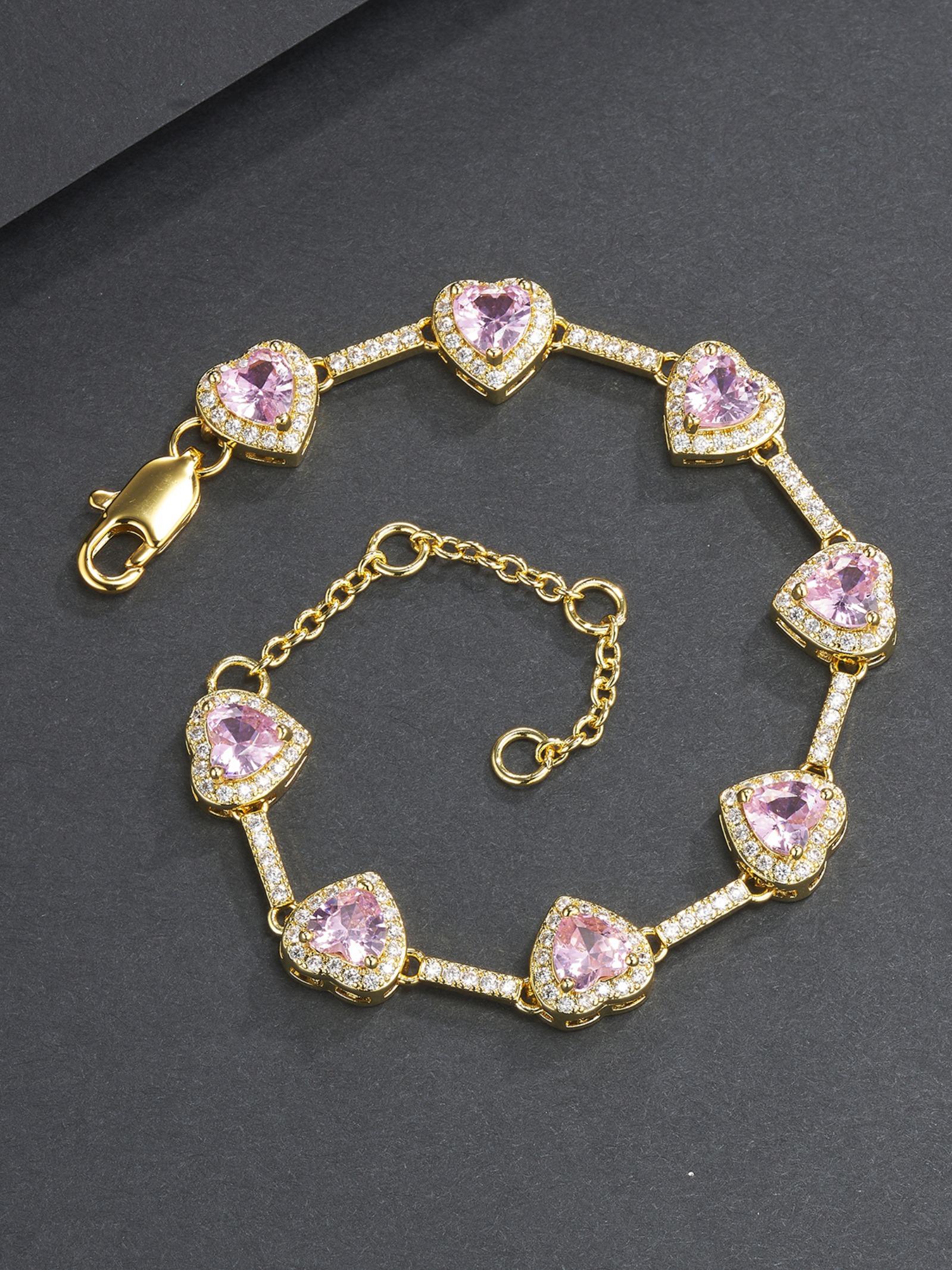 Pink Heart Shaped Zircon Decor Bracelet, Fashionable Jewelry for Women & Men, Trendy All-match & Exquisite Jewelry for Birthday Gift, Heart Design Bracelet, Fashion Bracelets