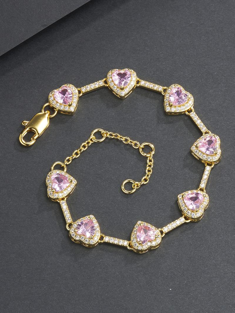 Pink Heart Shaped Zircon Decor Bracelet, Fashionable Jewelry for Women & Men, Trendy All-match & Exquisite Jewelry for Birthday Gift, Heart Design Bracelet, Fashion Bracelets