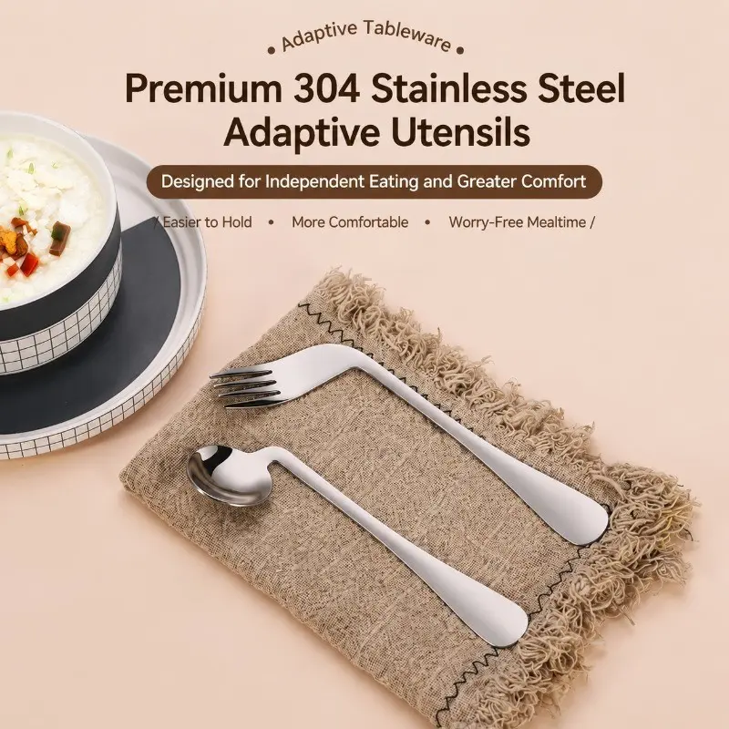 2-Piece Adaptive Angle Fork Spoon Set, Easy Grip Self-Feeding Aid, 304 Stainless Steel, Durable, Elderly Meal Assistance Tool
