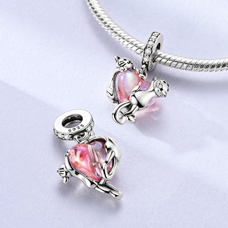 Pink series Charms Plata De Ley 925 Original Heart Pet Cat Dog Bow Handbag luggage Charm Beads Fits Bracelet DIY Jewelry Making