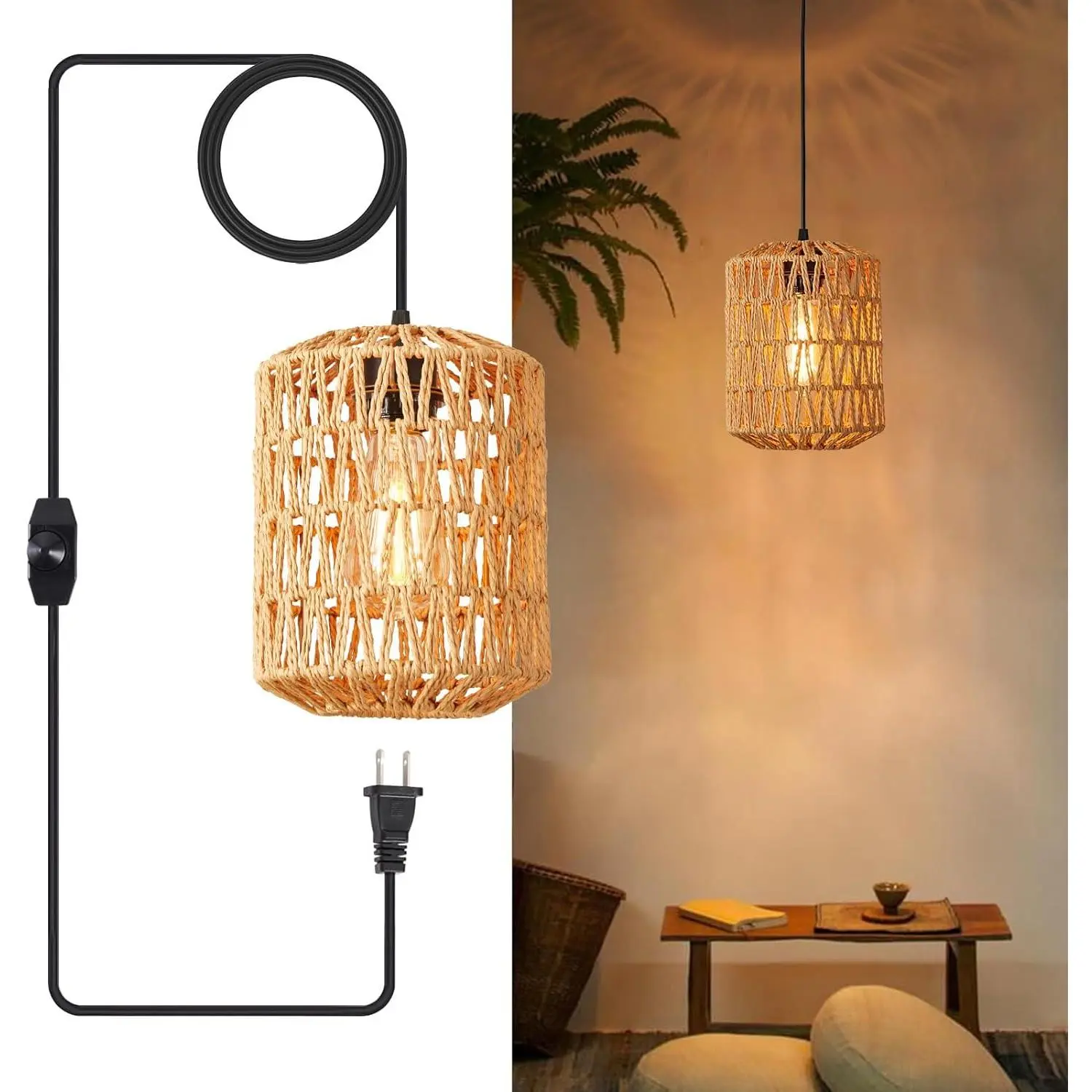 Plug in Pendant Light, Rattan Hanging Lights with Plug in Cord 15ft Dimmable Cord, Hand Woven Wicker Lampshade Hanging Lamp, Boho Plug in Hanging Ceiling Light Fixture for Farmhouse Bedroom