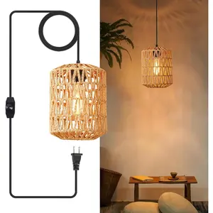 Plug in Pendant Light, Rattan Hanging Lights with Plug in Cord 15ft Dimmable Cord, Hand Woven Wicker Lampshade Hanging Lamp, Boho Plug in Hanging Ceiling Light Fixture for Farmhouse Bedroom