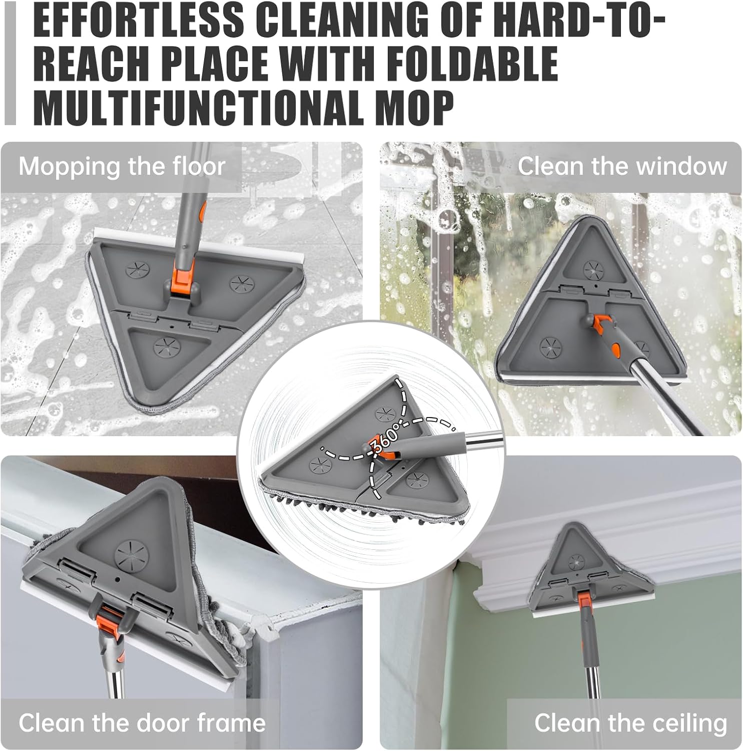 2 In 1 Baseboard Cleaner Mop Wall Cleaner Mop With Squeegee Extendable Long Handle 8 Reusable Fiber Flannel Chenille Mop Pads 360 °   Rotatable Convex Design-5161