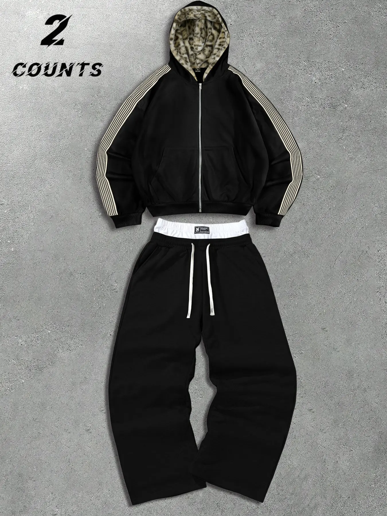 Men Black Zip Up 2 Piece Athleisure Tracksuit, Soft Fleece Lined Hoodie & Wide Leg Pants Set Leopard Print Inner Hood Contrast Side Stripes White Drawstring Front Pockets Warm Relaxed Fit for Daily Casual School Commute Weekend Hangout Street OOTD