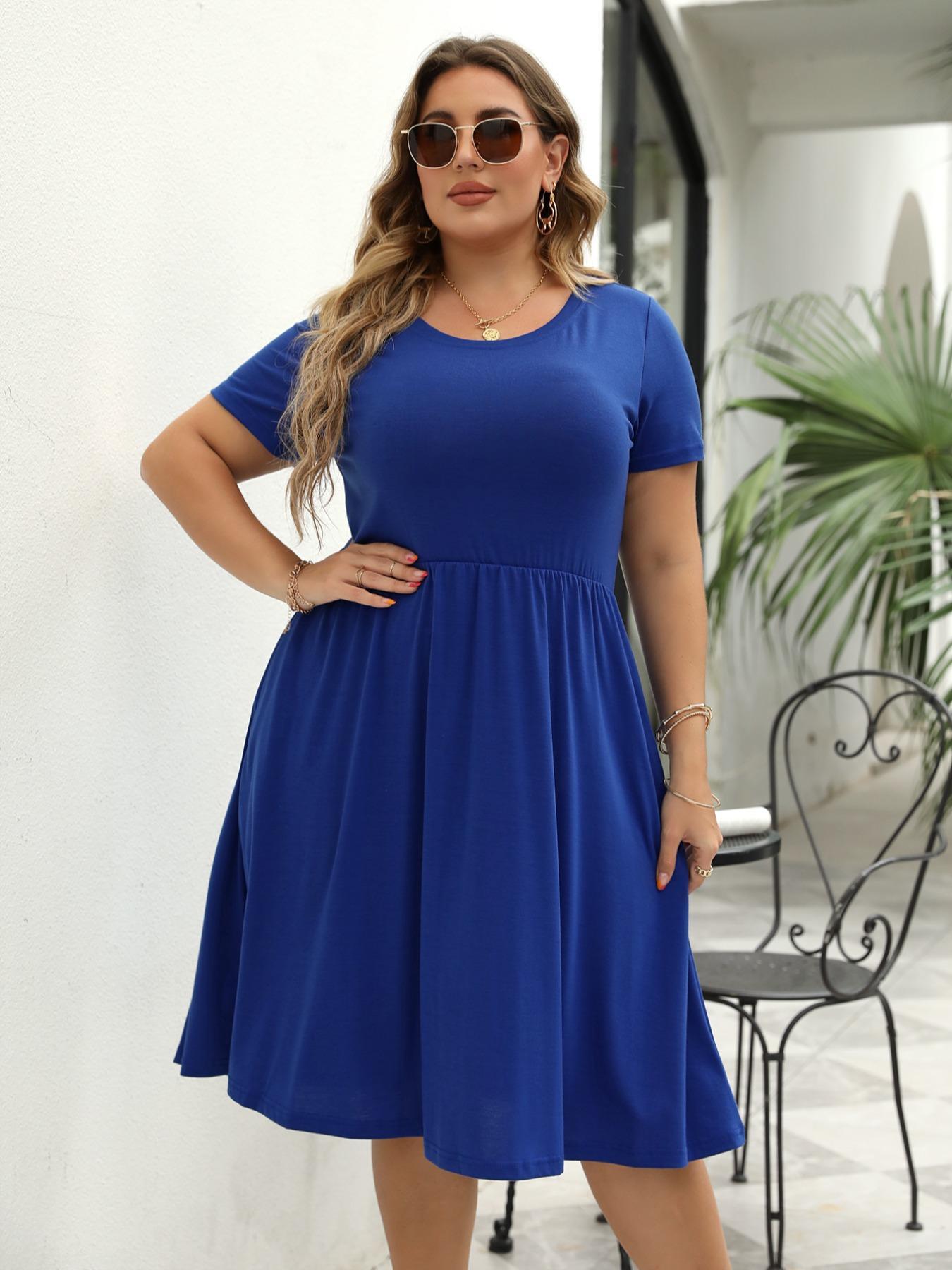 【Plus Size】Plain Pocket Round Neck Tee Dress, Summer Clothes Women, Women's Casual Short Sleeve A Line Dress for Summer, Lady Plus Size Clothing for Daily Wear, Summer Dresses, Casual Fit Dress